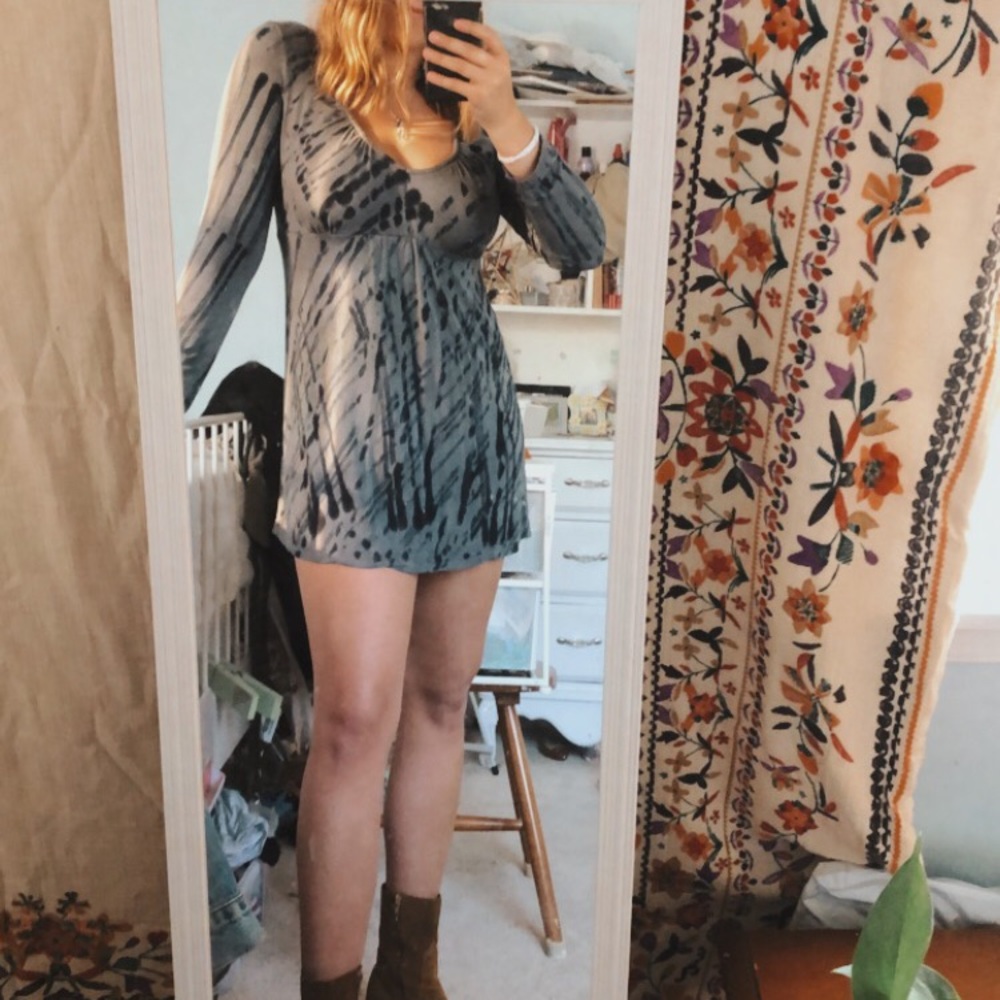 Tie-dye blue/gray cotton long sleeve dress